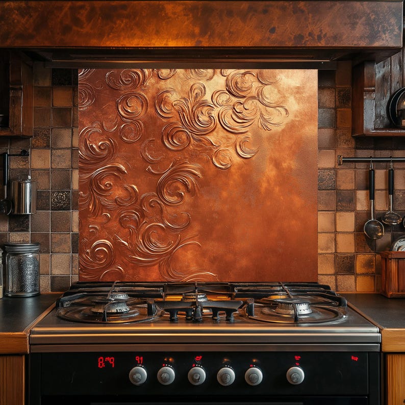 Copper Backsplash Behind Stove