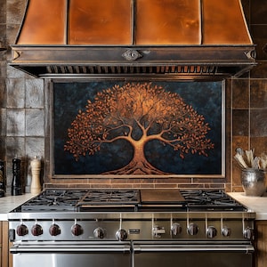 Panneau de dosseret de poêle en verre trempé, cuivre, arbre de vie, couvercle arrière de poêle, décoration de cuisine, couvercle supérieur de poêle, carreau de dosseret de cuisine, crédence