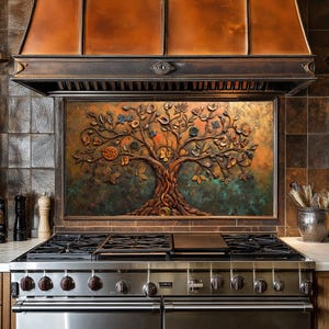 Carrelage pour dosseret de poêle en verre trempé, cuivre, arbre de vie, Cache arrière de poêle, Décoration de cuisine, Cache supérieur de poêle, Carrelage pour dosseret de cuisine, Crédence