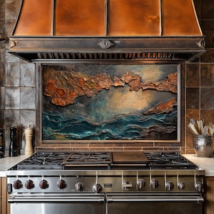 Dosseret en verre et cuivre pour cuisinière, façade arrière de cuisinière, crédence en verre, couvercle supérieur de cuisinière, dosseret en carrelage, décoration de cuisine, planche à découper