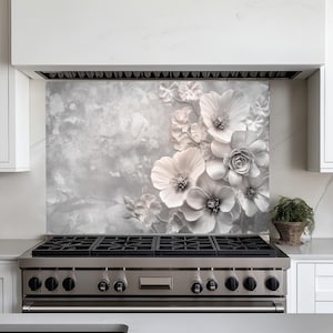 Silver Flowers Backsplash Panel,Tempered Glass Stove Back Cover,Behind Stove,Kitchen for Splashback Tile,Backsplash Mural,Kitchen Decor