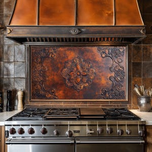 Dosseret de cuisine aspect cuivre, panneau de dosseret de cuisine trempé, couvercle arrière de poêle pour derrière la cuisinière, dosserets, crédence, décoration de cuisine