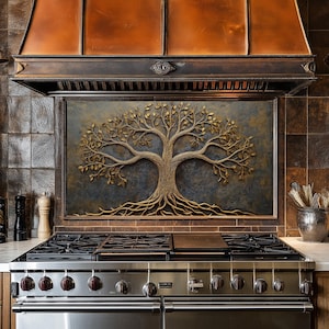 Panneau de dosseret de poêle en verre trempé, cuivre, arbre de vie, couvercle arrière de poêle, décoration de cuisine, couvercle supérieur de poêle, carreau de dosseret de cuisine, crédence