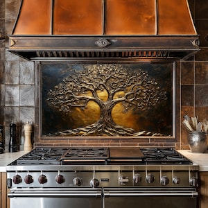 Carrelage pour dosseret de poêle en verre trempé, cuivre, arbre de vie, Cache arrière de poêle, Décoration de cuisine, Cache supérieur de poêle, Carrelage pour dosseret de cuisine, Crédence