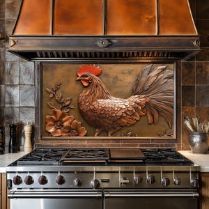 Coq en cuivre, dosseret de cuisine en verre derrière la cuisinière, dosseret de poêle pour crédence de cuisine pour couvercle de cuisinière, dosserets, crédence