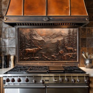 Dosseret de cuisine en verre Copper Mountain Deer derrière la cuisinière, dosseret de poêle pour crédence de cuisine pour couvercle de cuisinière, dosserets