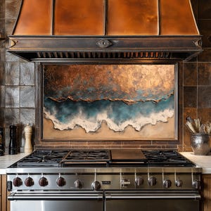 Dosseret de cuisine en cuivre pour cuisinière, coque arrière de cuisinière, crédence en verre, couvercle supérieur de cuisinière, dosseret en carrelage, décoration de cuisine, planche à découper