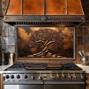 Arbre de vie en cuivre, dosseret pour cuisinière, façade arrière de cuisinière, crédence en verre, couvercle supérieur de cuisinière, dosseret en carrelage, décoration de cuisine, planche à découper