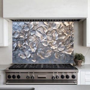 Silver Flowers Backsplash Panel,Tempered Glass Stove Back Cover,Behind Stove,Kitchen for Splashback Tile,Backsplash Mural,Kitchen Decor