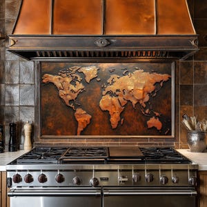 Dosseret de cuisine en forme de carte du monde aspect cuivre, panneau de dosseret de cuisine trempé, couvercle arrière de poêle pour derrière la cuisinière, dosserets, carreaux de crédence