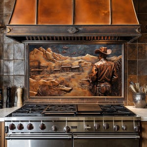 Dosseret de cuisine cowboy en cuivre pour cuisinière, façade arrière de cuisinière, crédence en verre, couvercle supérieur de cuisinière, dosseret en carrelage, décoration de cuisine, planche à découper