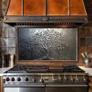 Panneau de dosseret de poêle Tree of Life en verre trempé argenté, Cache arrière de poêle, Décoration de cuisine, Cache supérieur de poêle, Carrelage pour dosseret de cuisine, Crédence