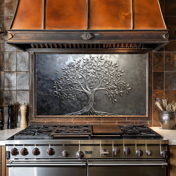 Tempered Glass Silver Tree Of Life Stove Backsplash Panel,Stove Back Cover,Kitchen Decor,Stove Top Cover,Kitchen Backsplash Tile,Splashback