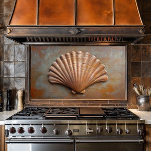 Dosseret de cuisine en coquillage en cuivre pour cuisinière, façade arrière de cuisinière, crédence en verre, couvercle supérieur de cuisinière, dosseret en carrelage, décoration de cuisine, planche à découper