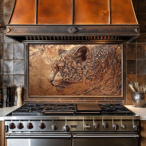 Dosseret de cuisine en verre léopard cuivre derrière la cuisinière, crédence de poêle pour crédence de cuisine pour couvercle de cuisinière, dosserets, crédence