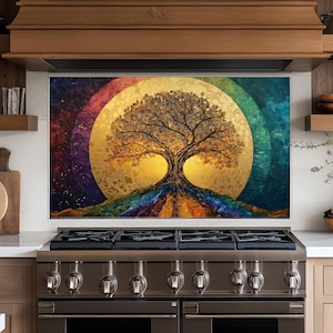 Panneau de dosseret de cuisine Tree of Life,couvercle arrière de la cuisinière,couvercle supérieur en verre pour crédence de cuisinière,planche à découper et plan de travail,dosseret carreau