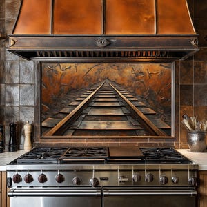 Dosseret de cuisine chemin de fer en cuivre pour cuisinière, façade arrière de cuisinière, crédence en verre, couvercle supérieur de cuisinière, dosseret en carrelage, décoration de cuisine, planche à découper