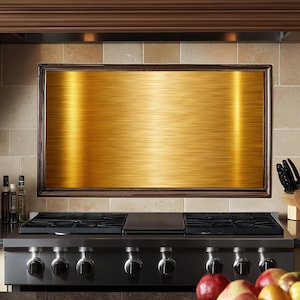 Geborstelde gouden backsplash, afdekpaneel van gehard glasfornuis, hittebestendige spatscherm keuken, moderne metalen muurkunst