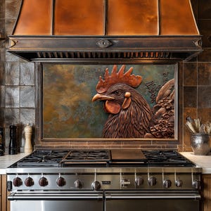 Coq en cuivre, dosseret de cuisine en verre derrière la cuisinière, dosseret de poêle pour crédence de cuisine pour couvercle de cuisinière, dosserets, crédence