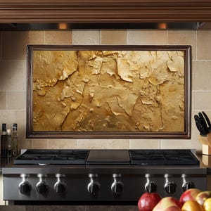 Achterwand van gehard glas, achterkant goudfornuis met textuur, hittebestendig spatscherm keukenachterwand, decor moderne muurkunst
