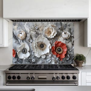 Silver Flowers Backsplash Panel,Tempered Glass Stove Back Cover,Behind Stove,Kitchen for Splashback Tile,Backsplash Mural,Kitchen Decor