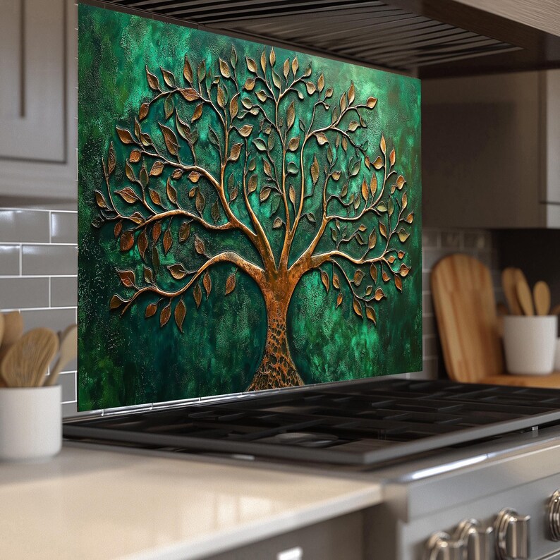 Copper Look Green Tree of Life Kitchen Backsplash,tempered Kitchen ...
