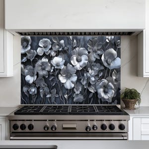 Silver Flowers Backsplash Panel,Tempered Glass Stove Back Cover,Behind Stove,Kitchen for Splashback Tile,Backsplash Mural,Kitchen Decor