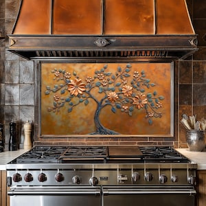 Arbre de vie en cuivre, dosseret pour cuisinière, façade arrière de cuisinière, crédence en verre, couvercle supérieur de cuisinière, dosseret en carrelage, décoration de cuisine, planche à découper