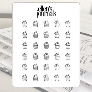 May include: A sheet of stickers featuring small, black and white cupcake icons. The stickers are arranged in a grid pattern and include the text "ellen's journals" at the top. The stickers are on a white background.