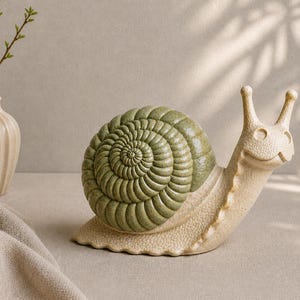 May include: A ceramic snail figurine with a green spiral shell and a smiling face. The snail is off-white with a textured surface. A decorative vase and a sprig of greenery are in the background.