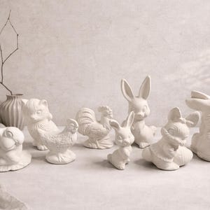 Keramik-Bisquit-Tierset (Pick 5) | DIY Malen Sie Ihre eigene Keramik | Vintage Stil Figuren | Hase Katze Frosch Huhn | Bastelpackung
