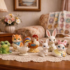 Può includere: Una collezione di statuine in ceramica, tra cui una rana verde, un gatto arancione con un fiocco blu, un gallo, un'anatra e diversi conigli bianchi. Le statuine sono disposte su una tovaglietta di pizzo su un tavolo di legno.