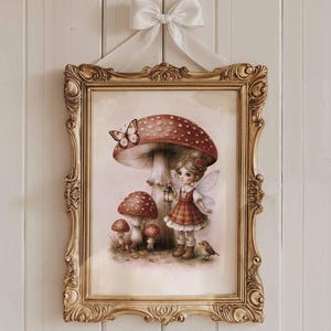 Fairy Girl Art Print, Delicate Cottagecore Decor, Digital, Download, Wall Art, Watercolor, Floral, Girl, Mushroom