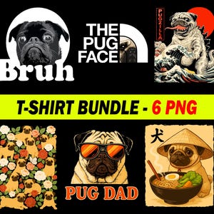 Pug PNG Bundle, Cute Dog Sublimation Design, Digital Download, T-Shirt PNG, Instant Pet Clipart