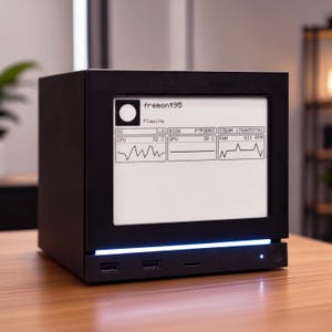 Può includere: Un monitor per computer nero a forma di cubo con uno schermo bianco che mostra informazioni di sistema tra cui il testo fremont95, OS 3.8, BIOS F7F0003 e STEAM 1760653741, grafici di CPU, GPU e ventola, una barra luminosa e due porte USB.