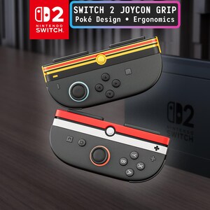 Può includere: Due impugnature Switch 2 Joycon nere con accenti rossi, gialli e bianchi. Le impugnature hanno un design Poké e caratteristiche ergonomiche. Il logo Nintendo Switch è visibile. Il testo "SWITCH 2 JOYCON GRIP" è visualizzato.