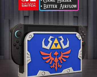 Switch 2 Dock Cover and Riser | Game Holder | Better Airflow | Zelda Hylian Shield inspired