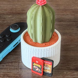May include: A green cactus ornament with a pink flower, housed in a white pot with a brown interior. Two Nintendo Switch game cartridges are in front, and a blue and black controller is to the left. A decorative item.