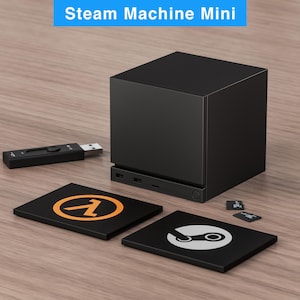 以下が含まれることがあります： 黒いSteam Machine Miniコンソール、USBドライブ、ゲームロゴ付きの黒いコースター2つ、SDカード2枚。テキスト「Steam Machine Mini」は上部の青い長方形にあります。