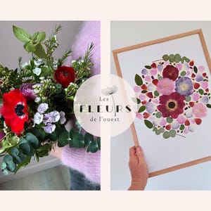 Peut inclure: L'image présente un bouquet de fleurs fraîches avec des fleurs rouges, violettes et blanches, et une œuvre d'art florale encadrée. L'œuvre d'art est un arrangement circulaire de fleurs pressées dans un cadre en bois. Le texte "Les fleurs de l'ouest" est au centre.