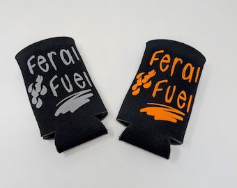 Feral Fuel Slim Can Koozie | Funny Workout Energy Drink Holder | Beverage Cooler | Slim Can Holder | Gym and Fitness Gift | Funny Gift