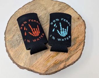 Feral Water Slim Can Koozie | Funny Skeleton Hand Drink Sleeve | Beverage Cooler | Drink Holder | Funny Gift