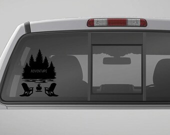 Camping Outdoors Sticker | Tree Campfire Lake | SUV Car Camper Truck Window Decal