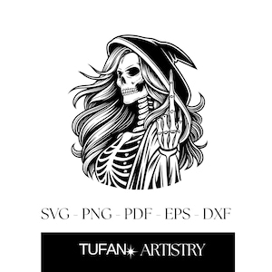 Female Grim Reaper Cut Files: Middle Finger Skull Vector (EPS-SVG-PNG Digital Download)