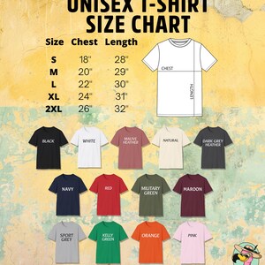May include: A unisex t-shirt size chart with chest and length measurements in inches. The chart includes sizes S to 2XL. Various t-shirt colors are displayed, including black, white, navy, red, and pink.