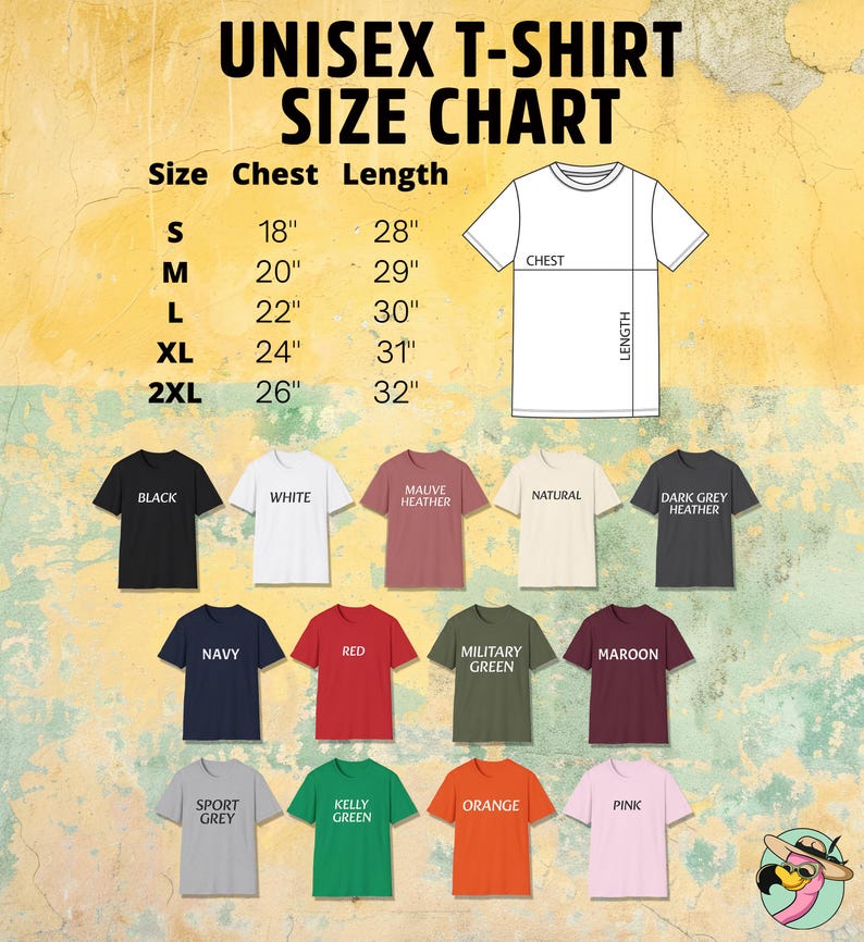 May include: A unisex t-shirt size chart with chest and length measurements in inches. The chart includes sizes S to 2XL. Various t-shirt colors are displayed, including black, white, navy, red, and pink.
