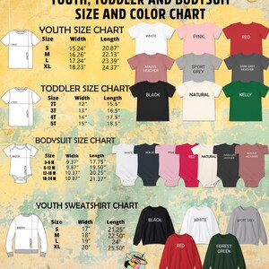 May include: Size and color chart for youth, toddler, and bodysuit clothing. Includes size charts for youth t-shirts, toddler t-shirts, bodysuits, and youth sweatshirts. Colors include white, pink, red, black, natural, and more.