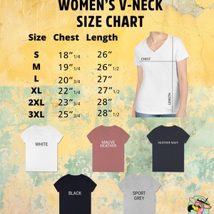 May include: A size chart for women's V-neck shirts, with chest and length measurements in inches. The chart includes sizes S to 3XL, and displays the shirt colors white, mauve heather, heather navy, black, and sport grey.