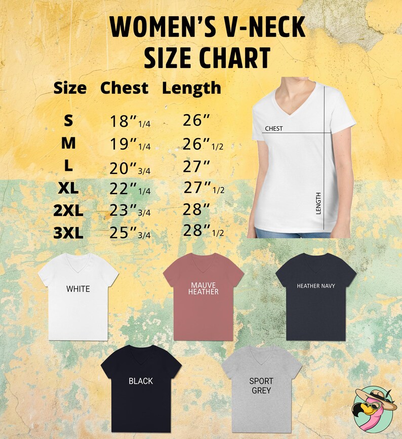 May include: A size chart for women's V-neck shirts, with chest and length measurements in inches. The chart includes sizes S to 3XL, and displays the shirt colors white, mauve heather, heather navy, black, and sport grey.