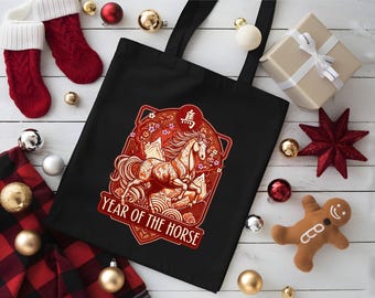 Year of the Horse Tote Bag, Happy Chinese New Year 2026 Bag, Horse Zodiac Canvas Tote